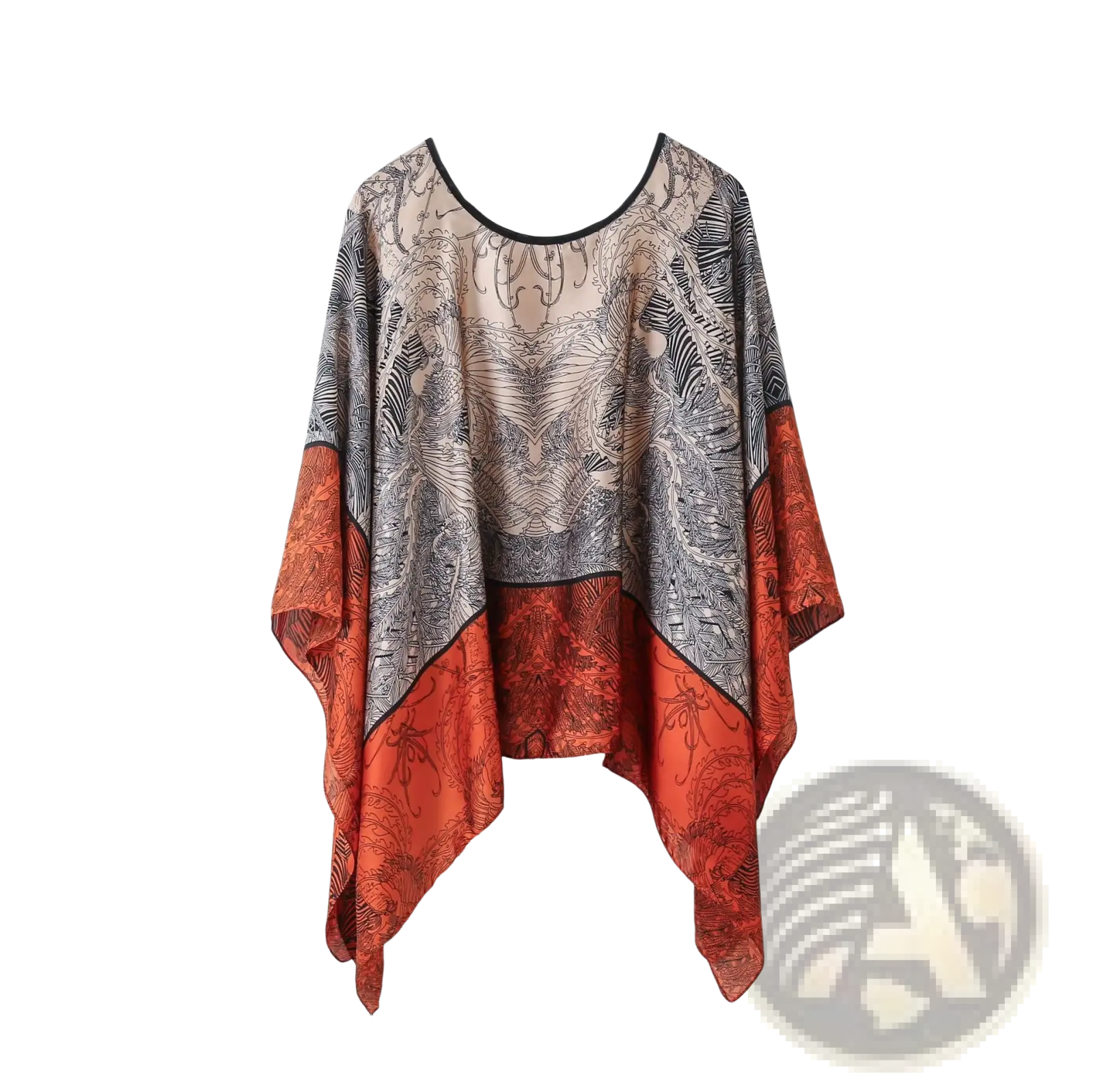A flowing asymmetrical printed silk patterned pullover shawl cape outerwear in beige and vibrant orange with black line art patterns