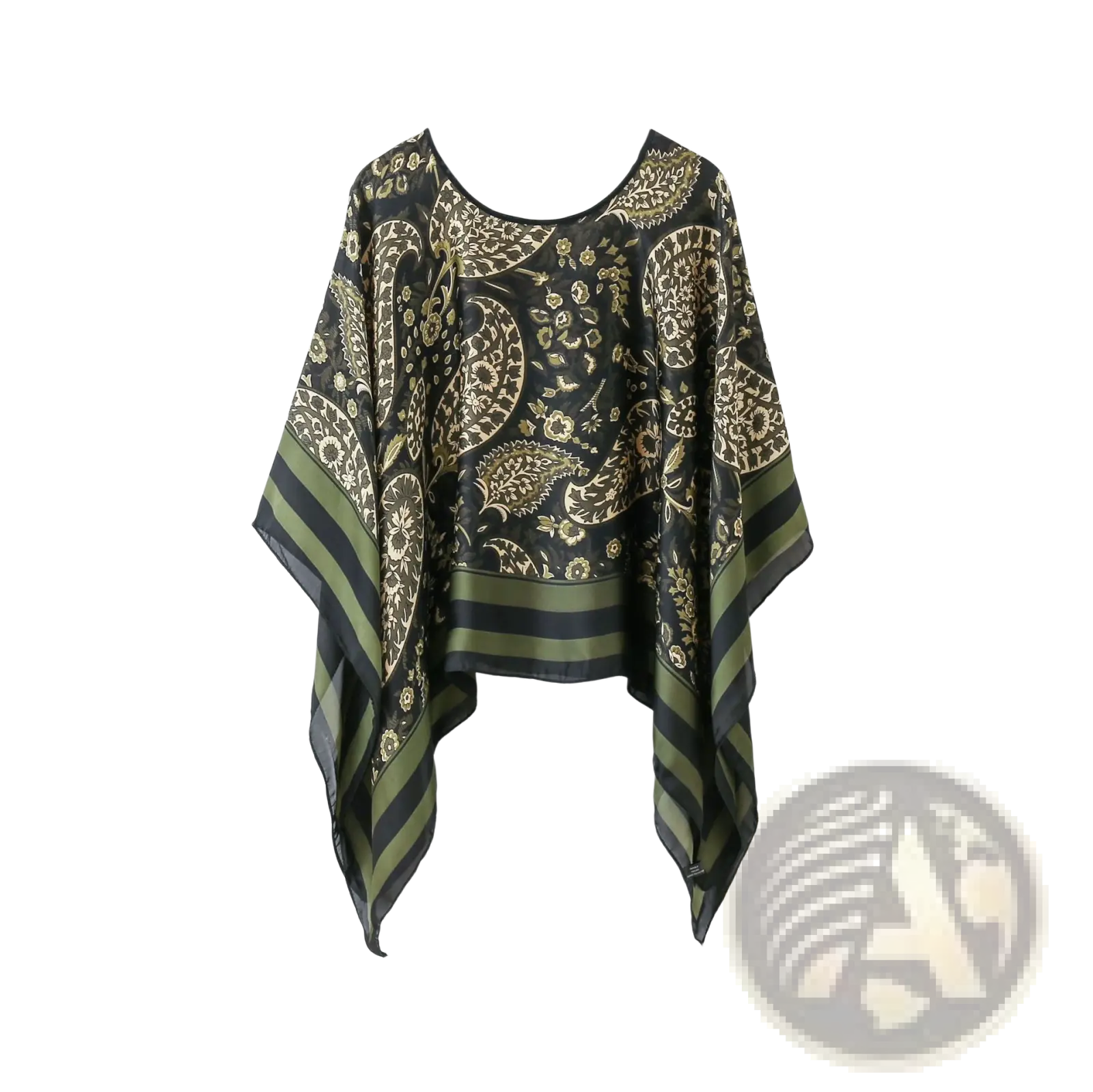 Printed silk patterned pullover shawl cape in black and olive green with gold paisley floral pattern and striped cuffs