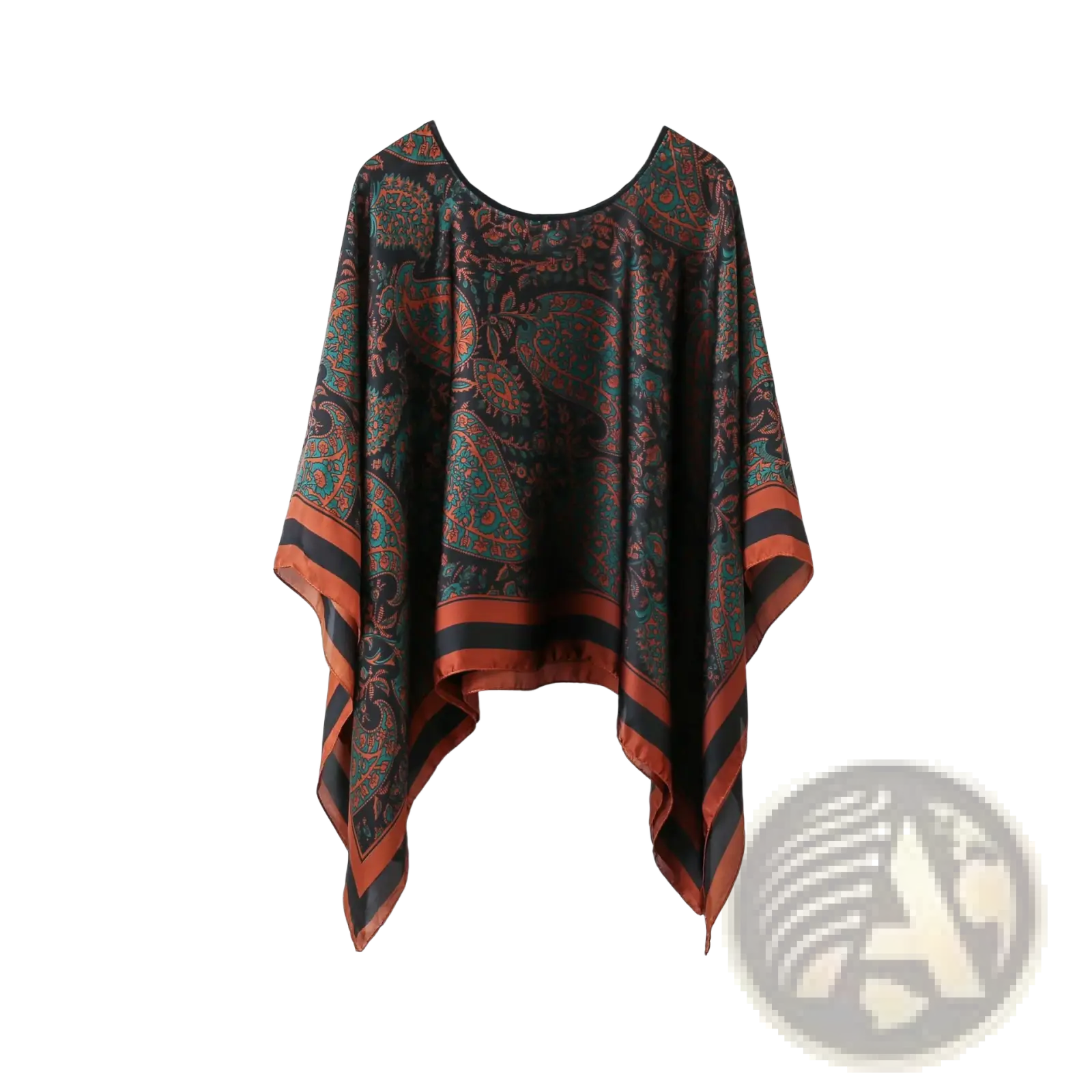 A flowing black and rust paisley patterned printed silk pullover shawl cape with contrasting striped trim