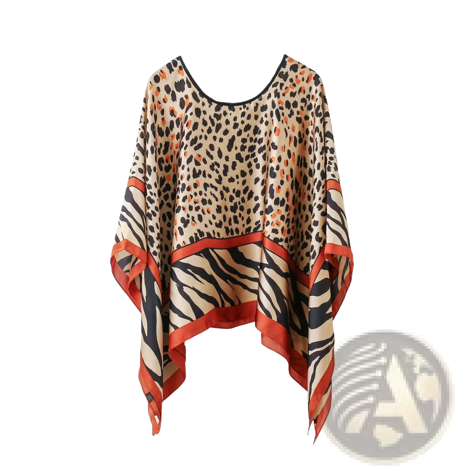 Flowing sleeveless printed silk pullover shawl cape in bold leopard print with zebra stripes and orange trim