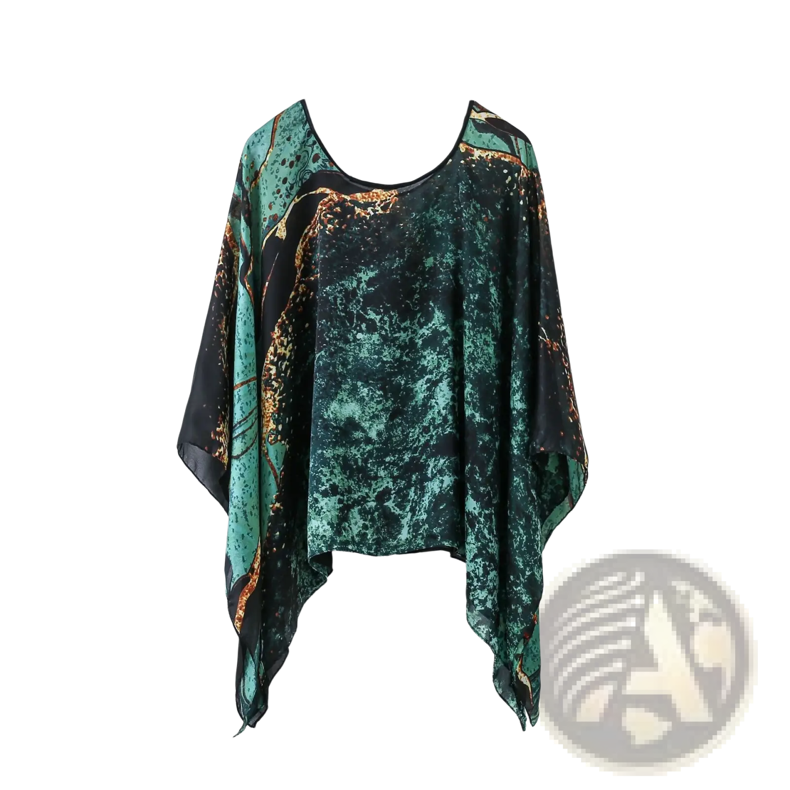 Printed silk patterned pullover shawl cape outerwear featuring a flowing sheer blouse with green black marble pattern and gold speckles