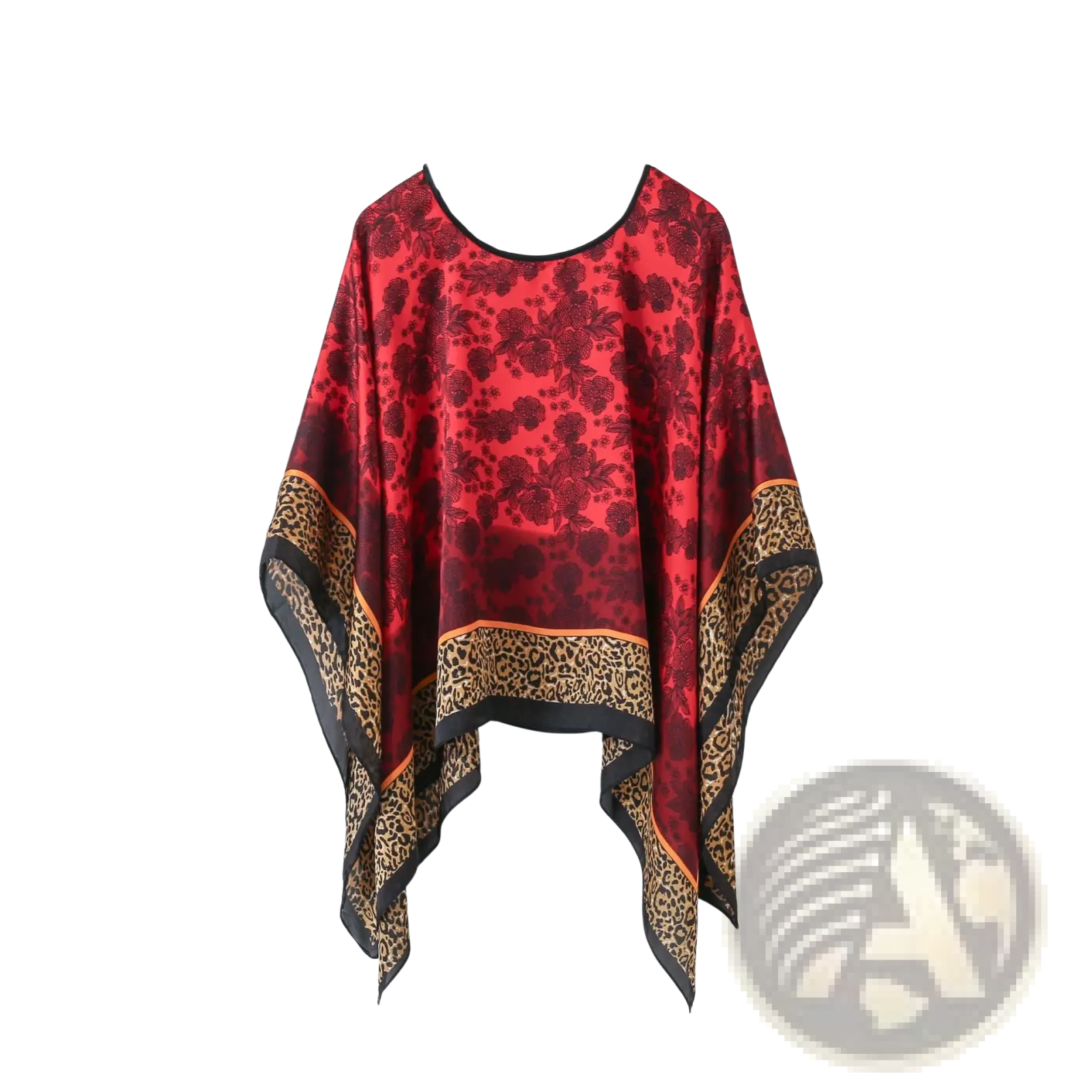 Red and black floral patterned silk pullover shawl cape with leopard print trim for elegant outerwear use