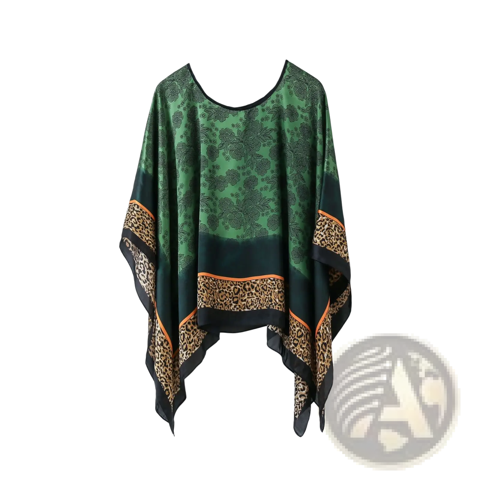 Printed silk patterned pullover shawl cape outerwear featuring a flowing green and black leopard print with orange trim