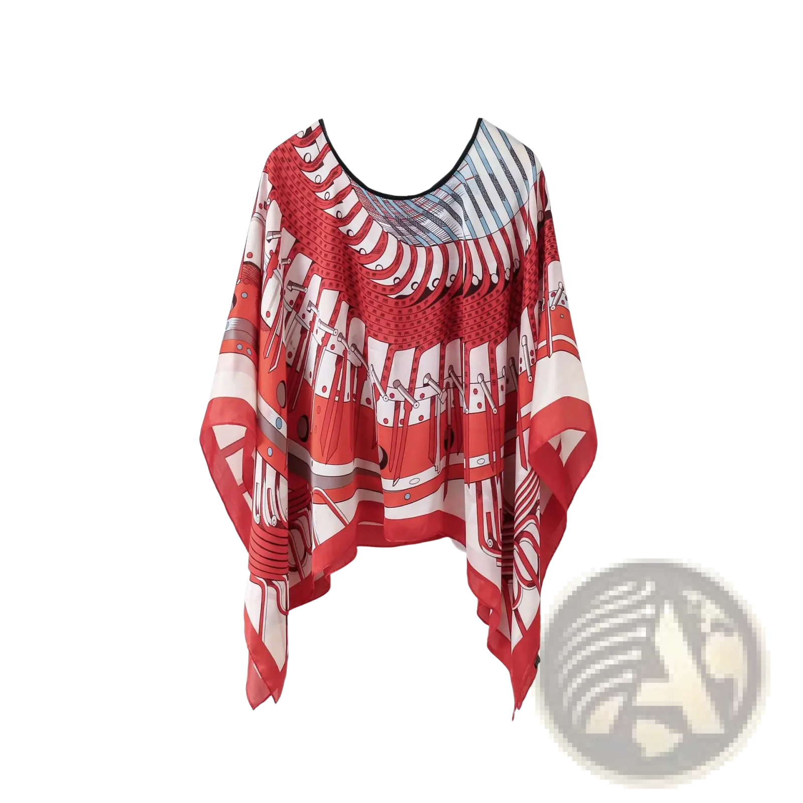 Printed silk patterned pullover shawl cape outerwear in flowing red and white with a black-trimmed neckline