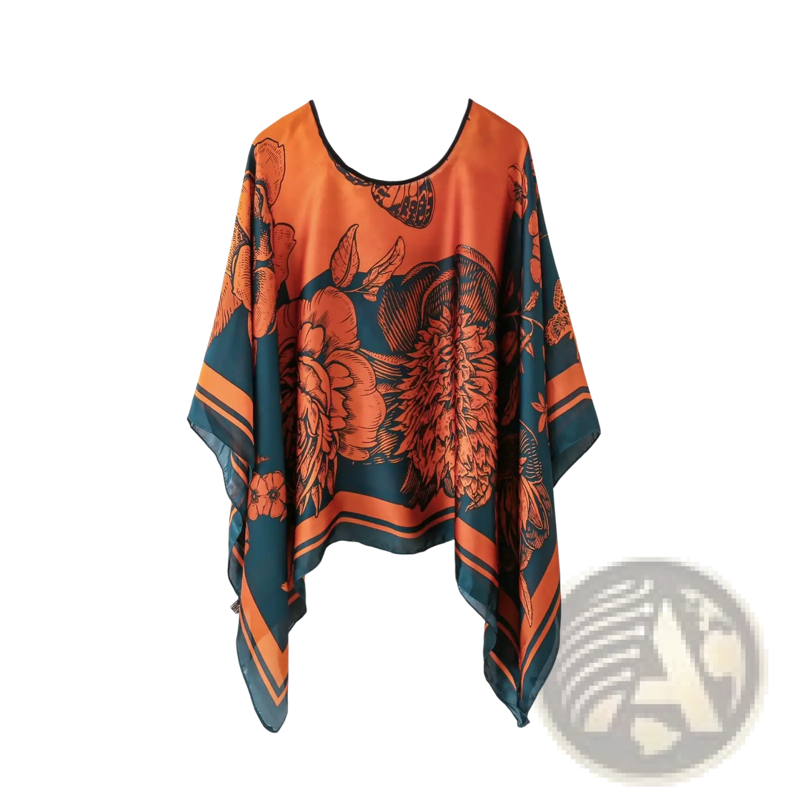 Printed silk patterned pullover shawl cape with flowing orange and teal floral prints and striped trim outerwear