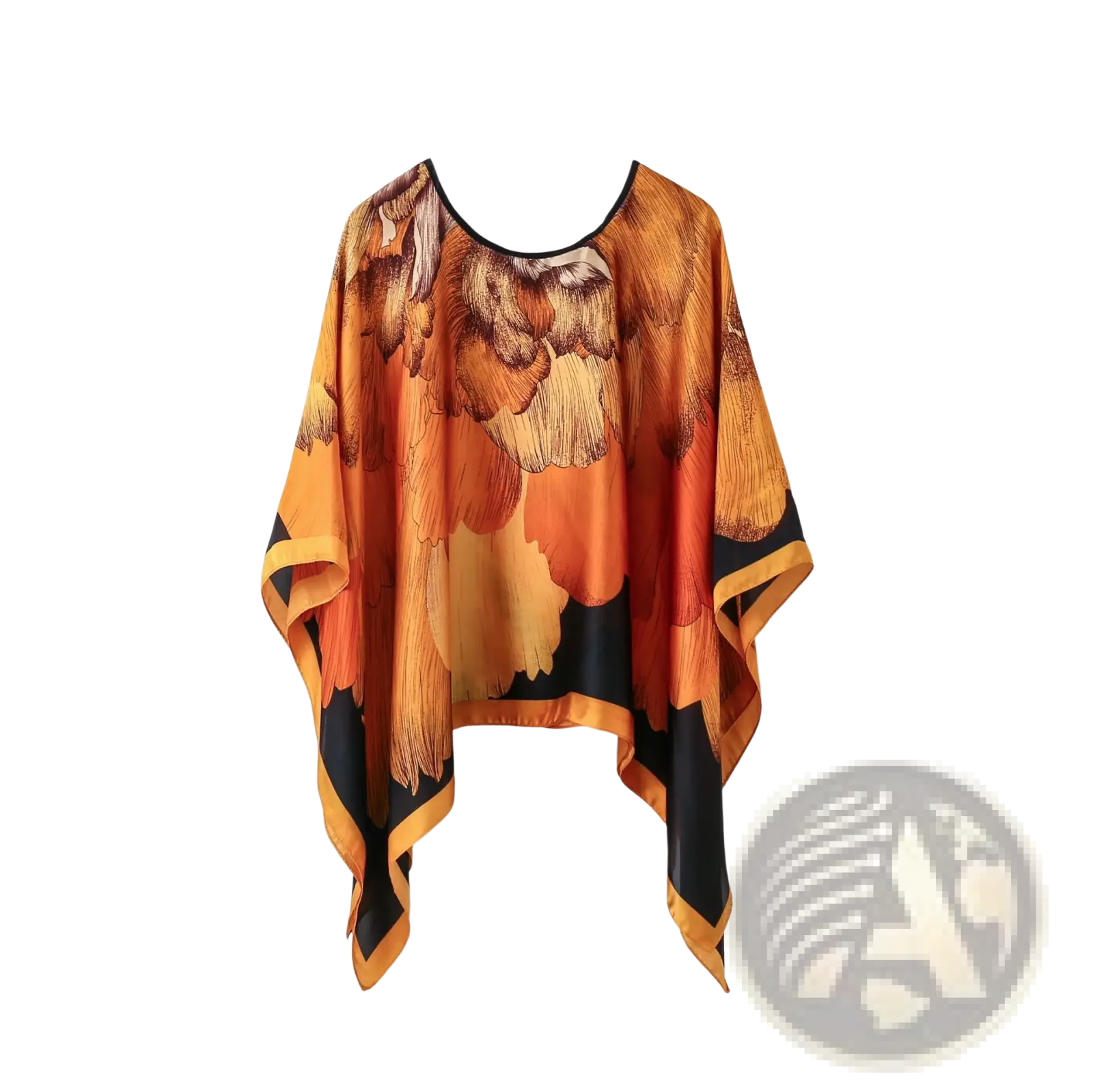 A flowing orange and black floral print silk pullover shawl cape with a round neckline for outerwear