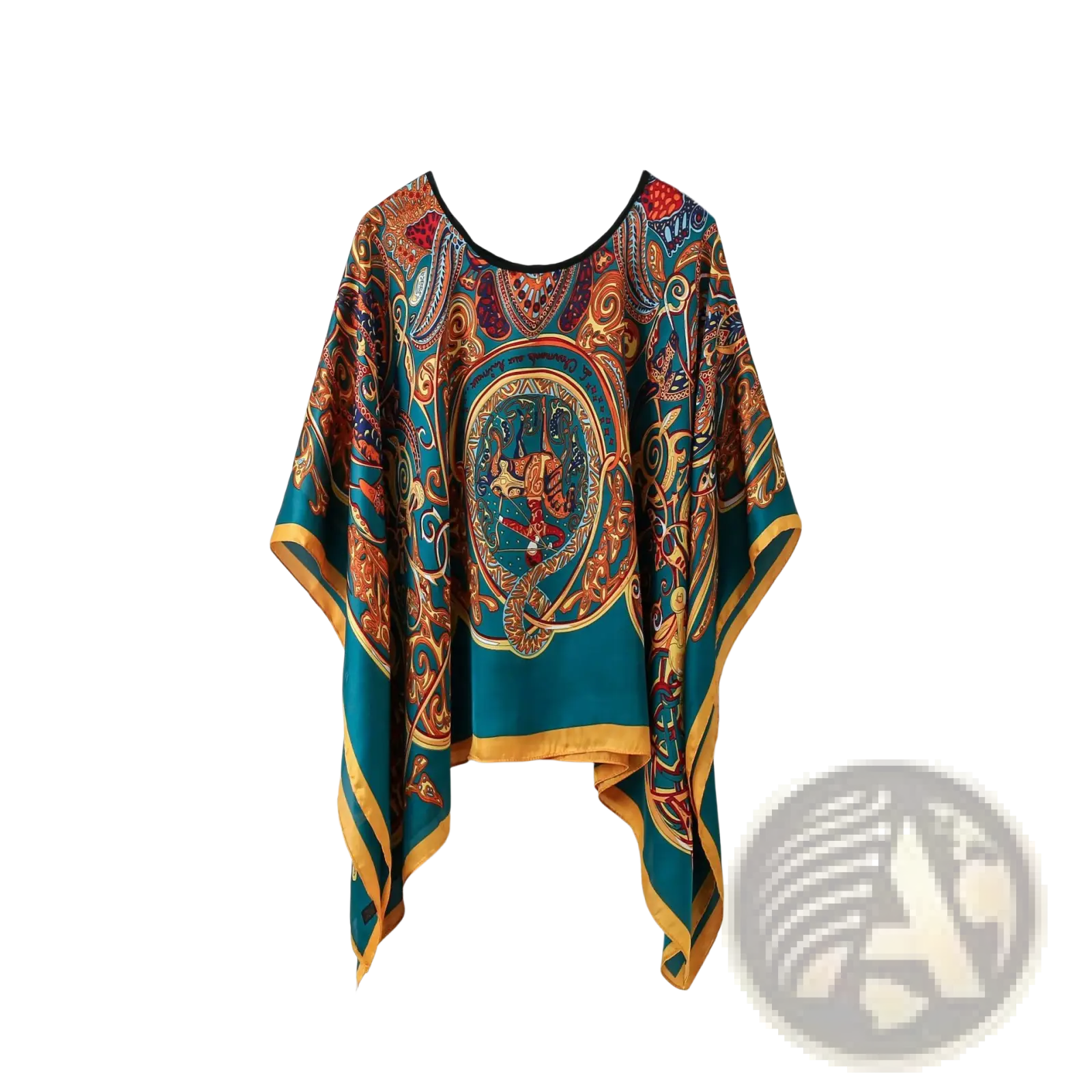 Teal and gold patterned silk printed pullover shawl cape outerwear with ornate vintage-inspired design