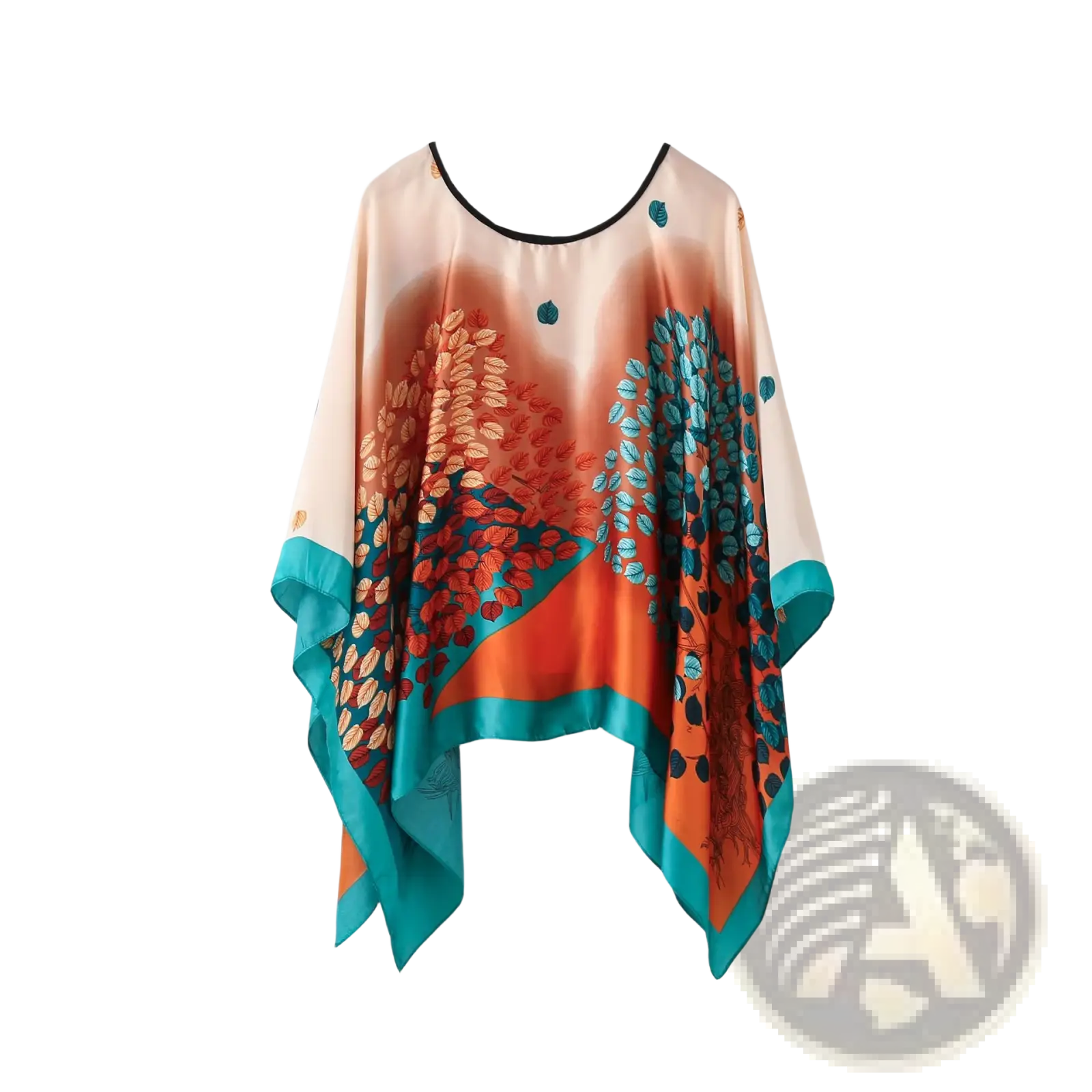 Printed silk patterned pullover shawl cape outerwear in peach silk with orange teal leaf pattern and black trim on neckline and cuffs