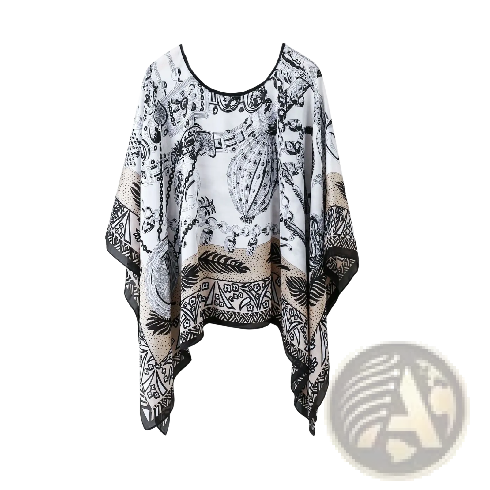 Printed silk patterned pullover shawl cape in white black and beige with intricate tribal-inspired designs shown from back