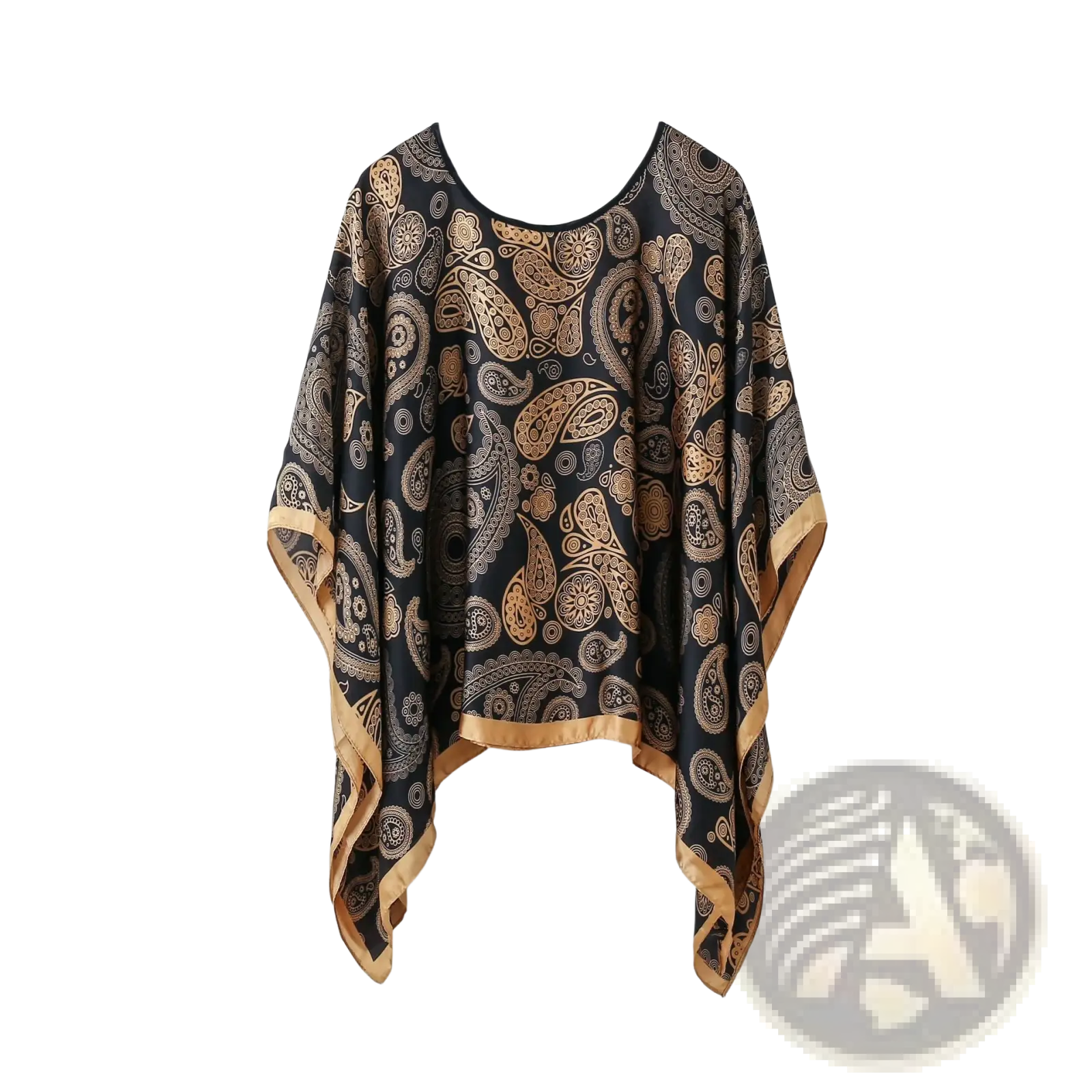 Black and gold paisley patterned printed silk pullover shawl cape with satin trim for elegant outerwear