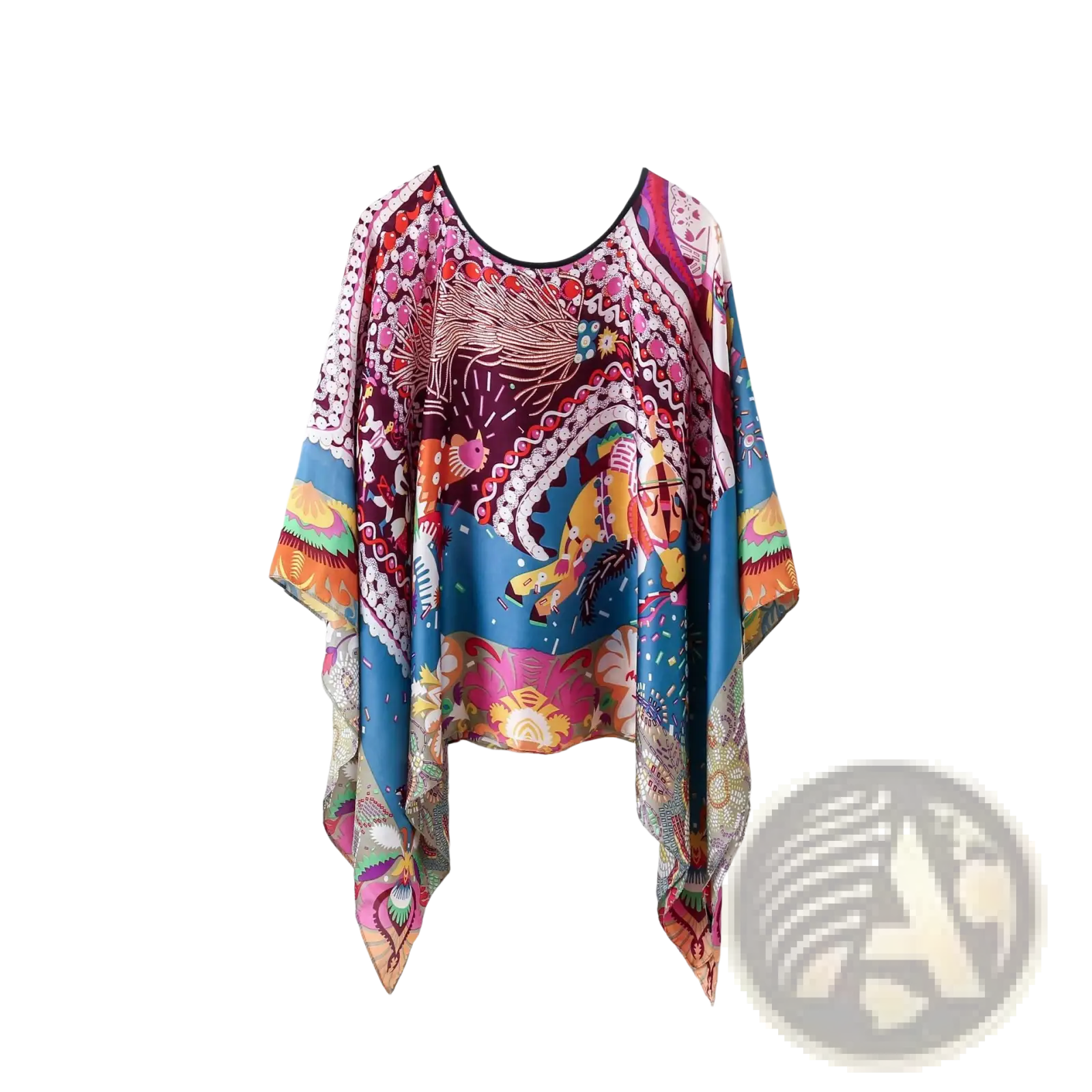 Printed silk patterned pullover shawl cape outerwear in vibrant paisley floral print with pinks blues and golds on sheer fabric