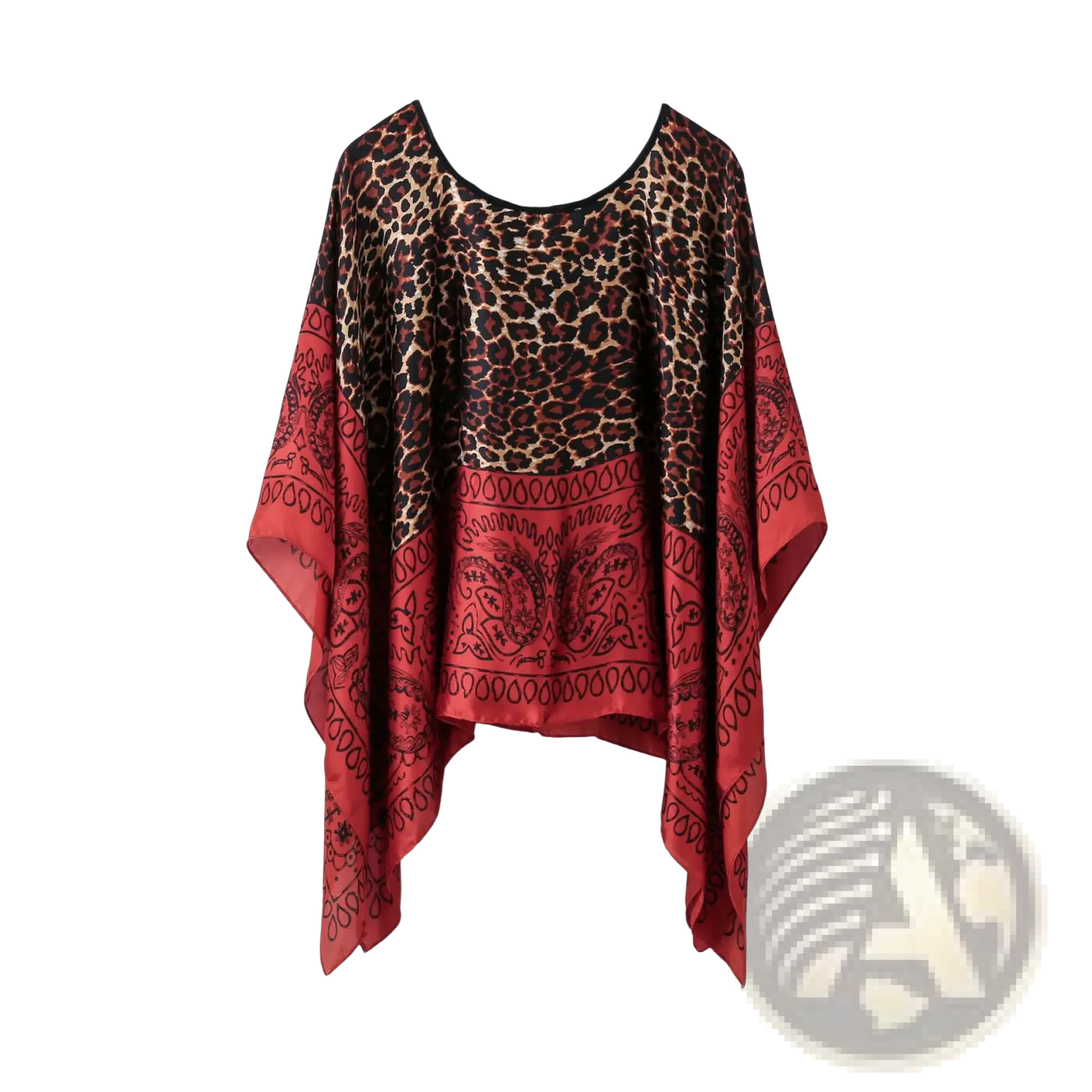 Printed silk patterned pullover shawl cape outerwear in flowing two-toned poncho with leopard print and red bandana pattern