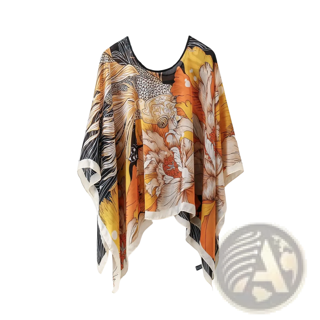 Printed silk patterned pullover shawl cape in vibrant orange and black floral with white trim edges and flowing fit
