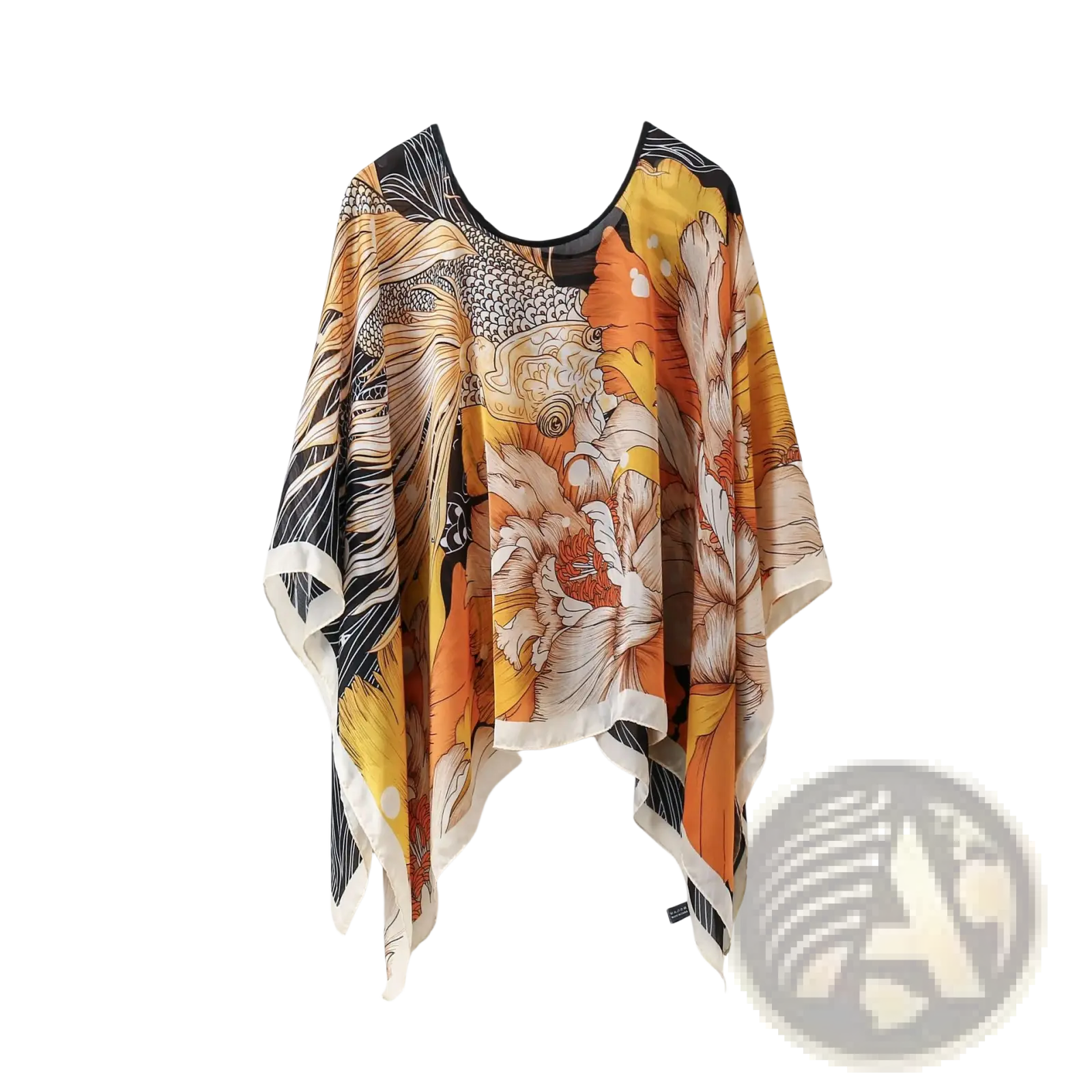 Printed silk patterned pullover shawl cape in vibrant orange and black floral with white trim edges and flowing fit