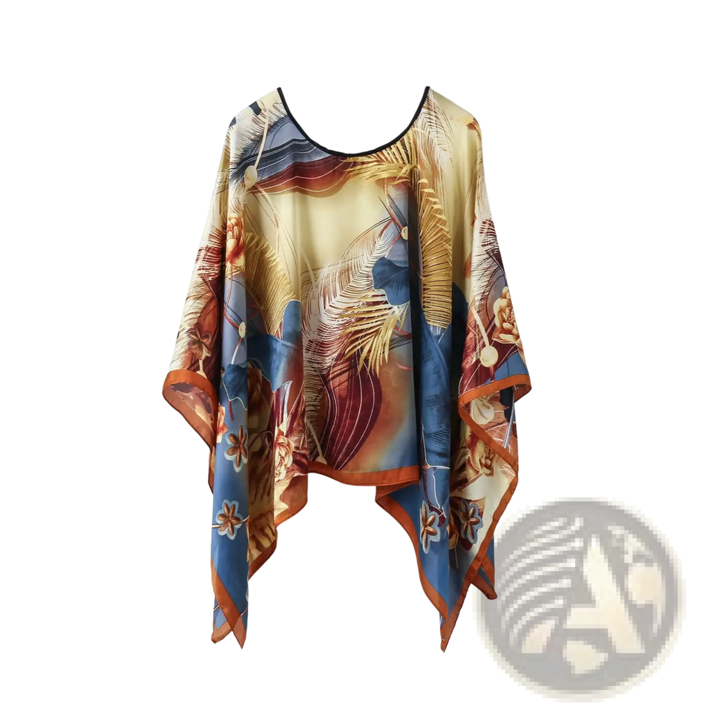 Printed silk patterned pullover shawl cape outerwear with flowing sheer tropical print in gold blue and rust tones