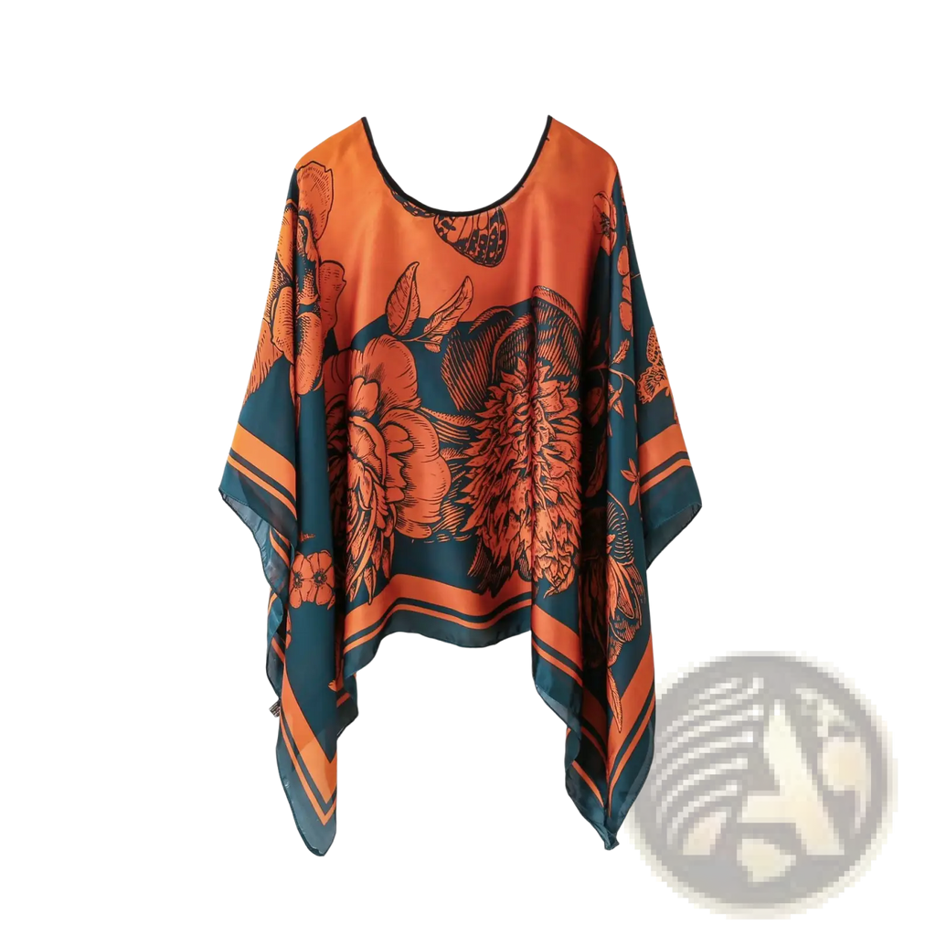 Printed silk patterned pullover shawl cape with orange and teal floral prints and striped trim outerwear