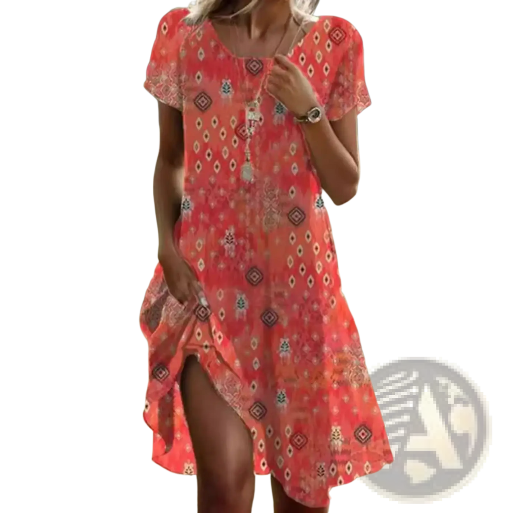 Printed summer midi dress in coral with a flowing fabric geometric pattern and short flutter sleeves