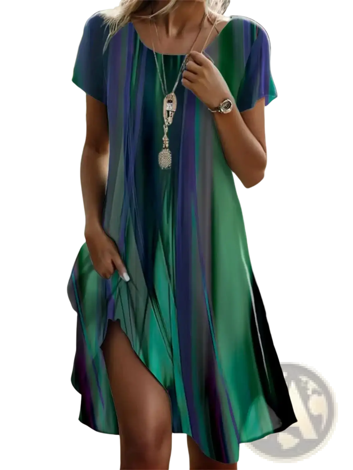 Printed summer midi dress featuring a flowing short-sleeved design with vibrant teal green and purple striped gradient