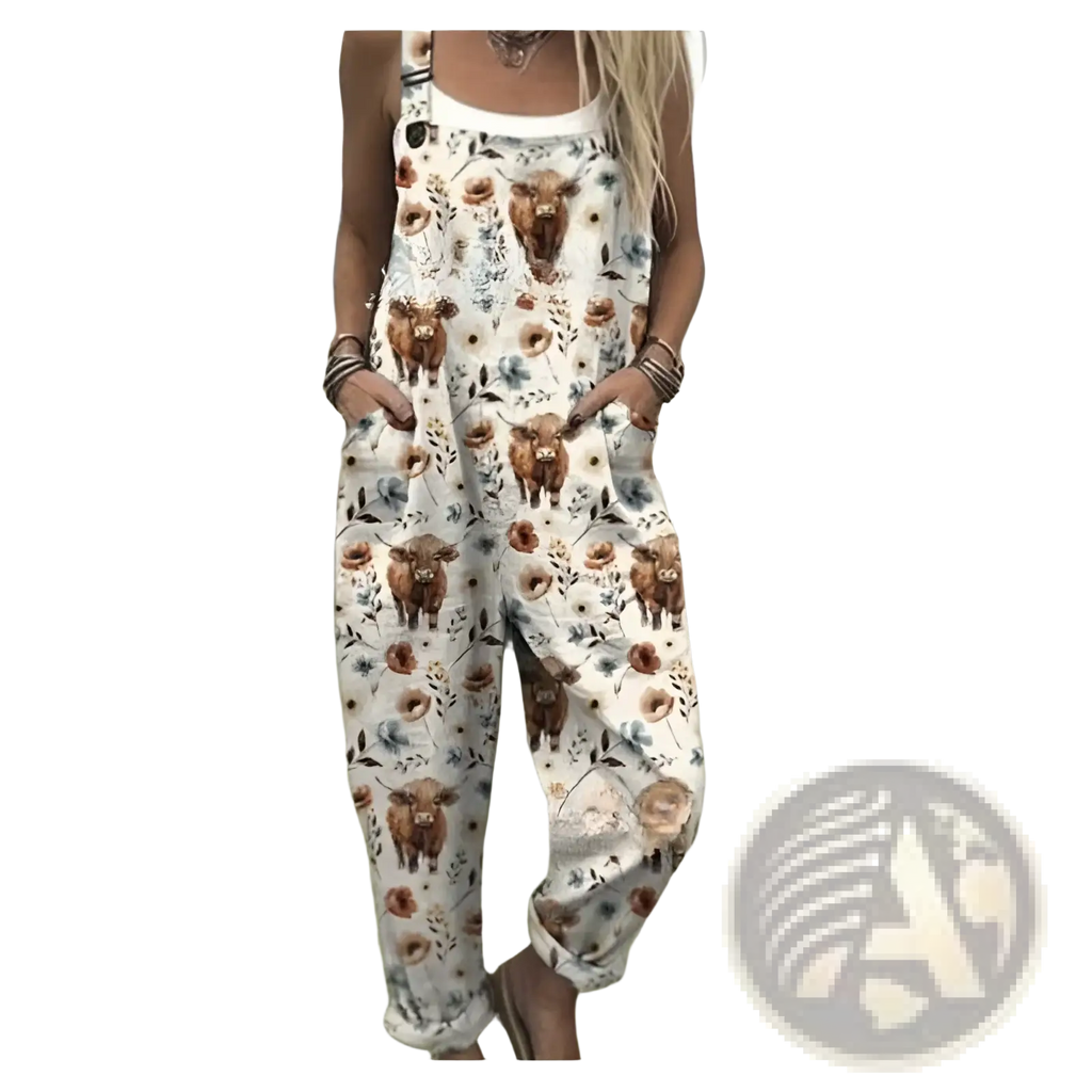 Printed suspender overalls casual pants in white floral and brown cow print with adjustable straps
