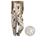 Printed suspender overalls casual pants in white floral and brown cow print with adjustable straps