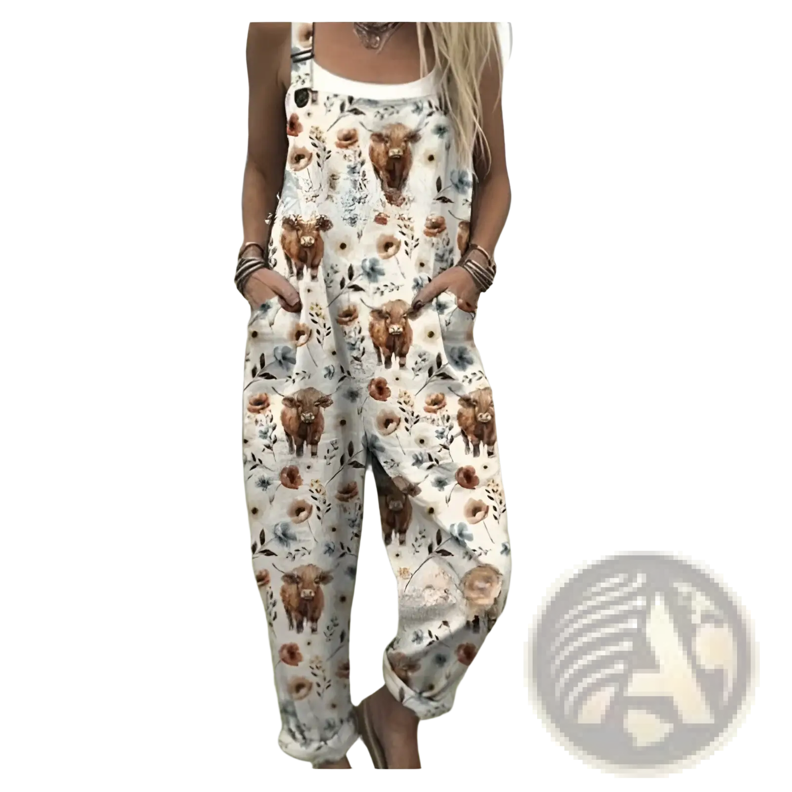 Printed suspender overalls casual pants in white floral and brown cow print with adjustable straps