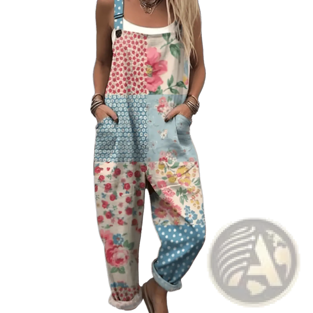 Printed suspender overalls featuring patchwork floral patterns in soft pastel pink blue and cream for casual wear