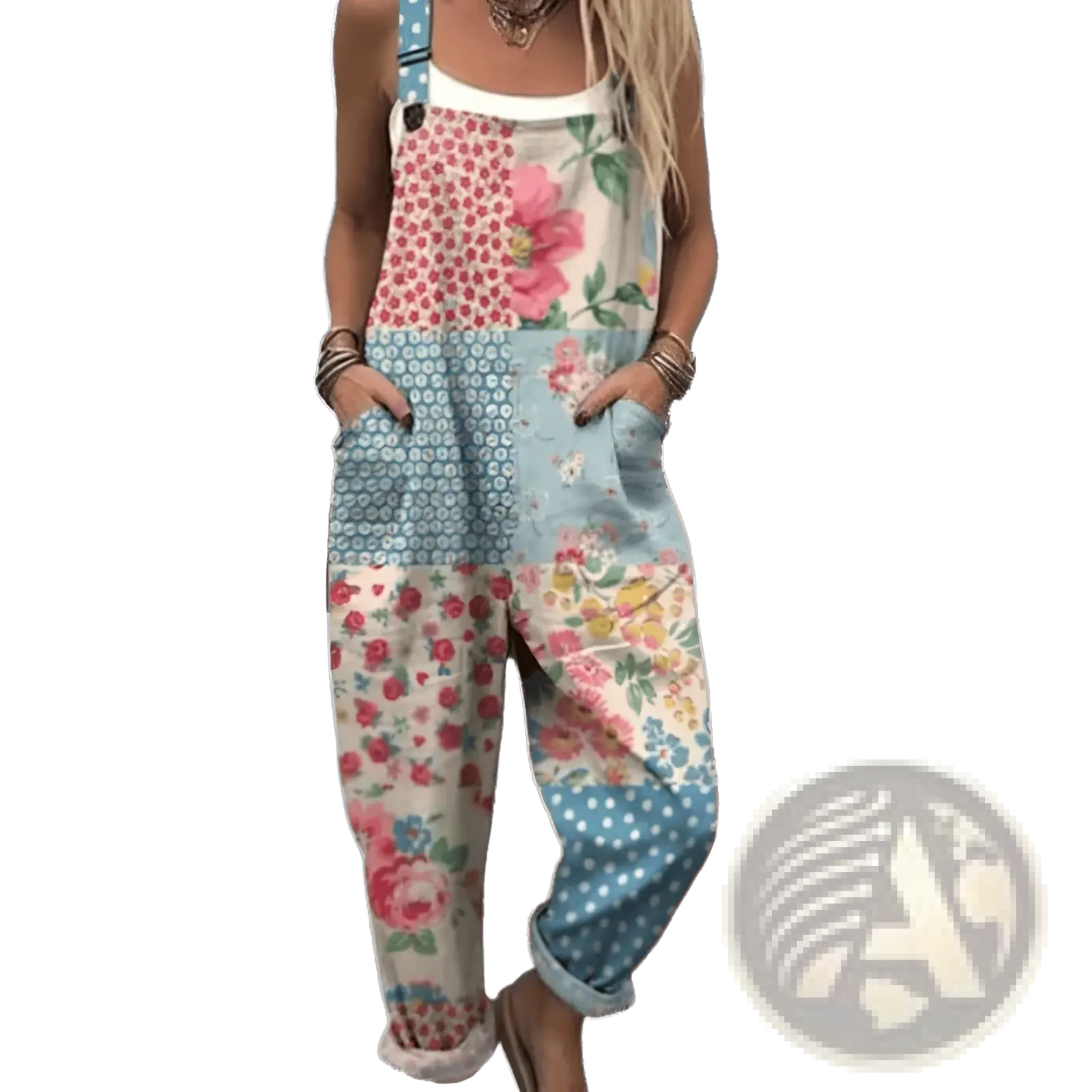 Printed suspender overalls featuring patchwork floral patterns in soft pastel pink blue and cream for casual wear