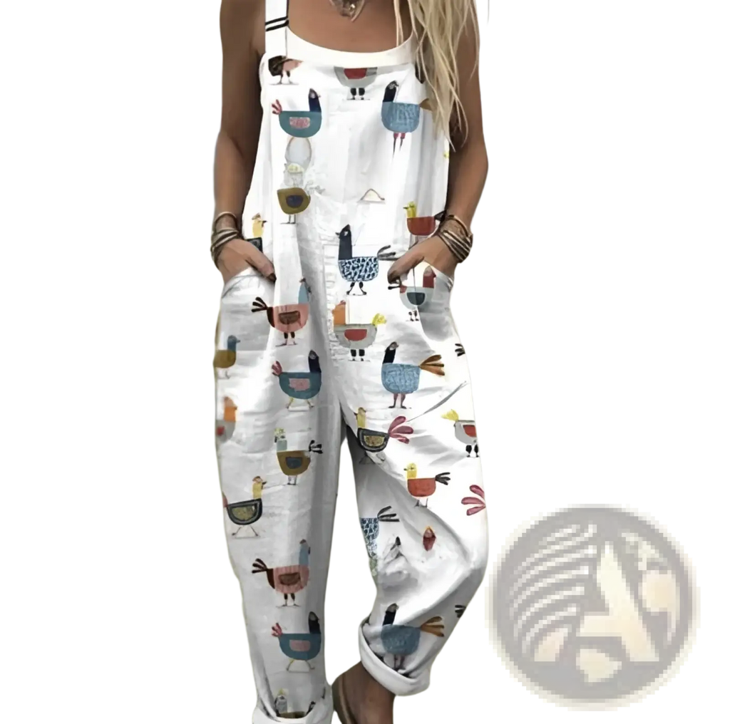 White cotton printed suspender overalls featuring a playful colorful chicken pattern for casual wear
