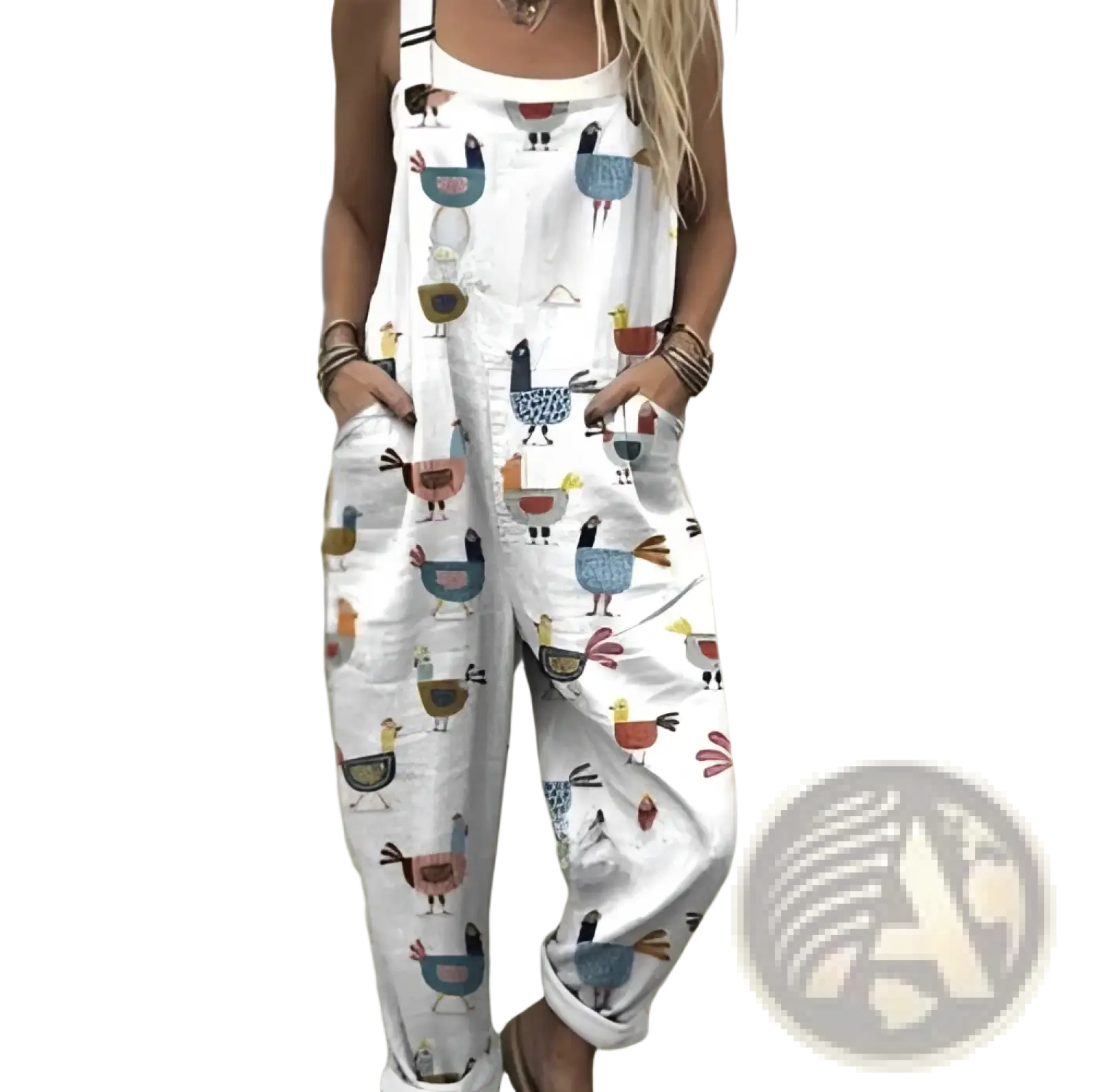 White cotton printed suspender overalls featuring a playful colorful chicken pattern for casual wear