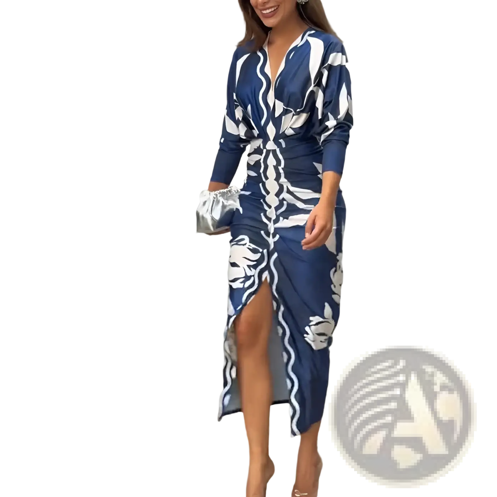 Printed v-neck geometric wrap midi dress in navy blue and white with a high slit long sleeves and fitted silhouette