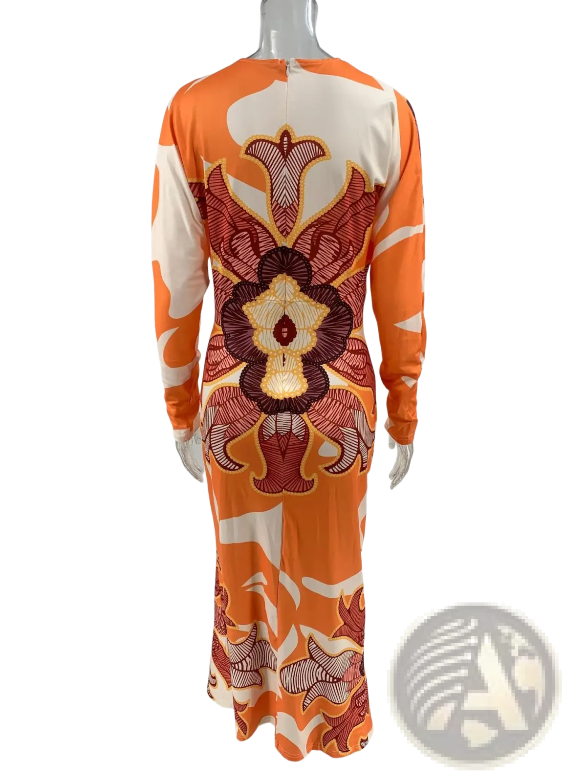 Printed v-neck geometric wrap midi dress featuring orange and cream long sleeves with bold symmetrical floral pattern