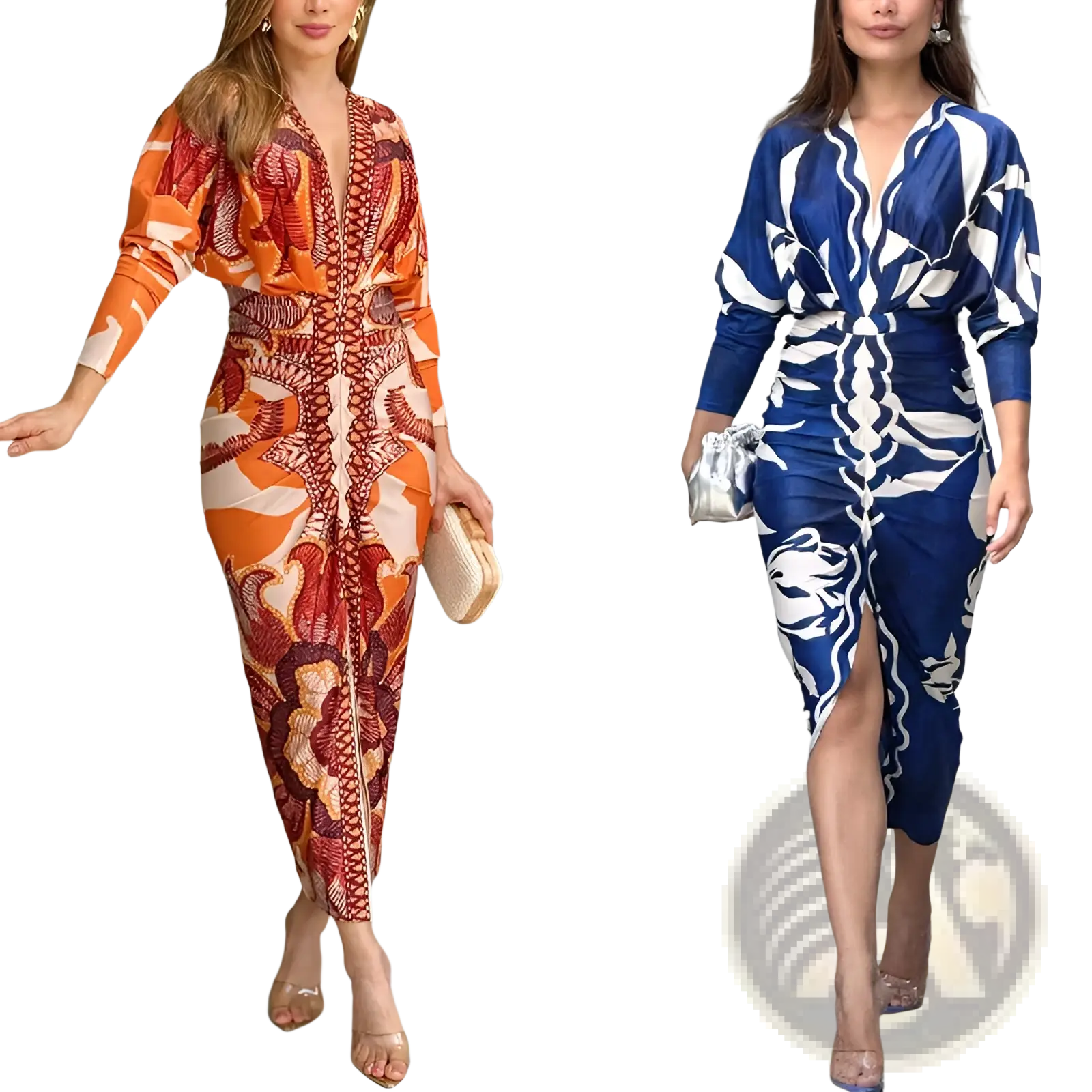Printed v-neck geometric wrap midi dress in orange and red pattern with a fitted silhouette and long sleeves