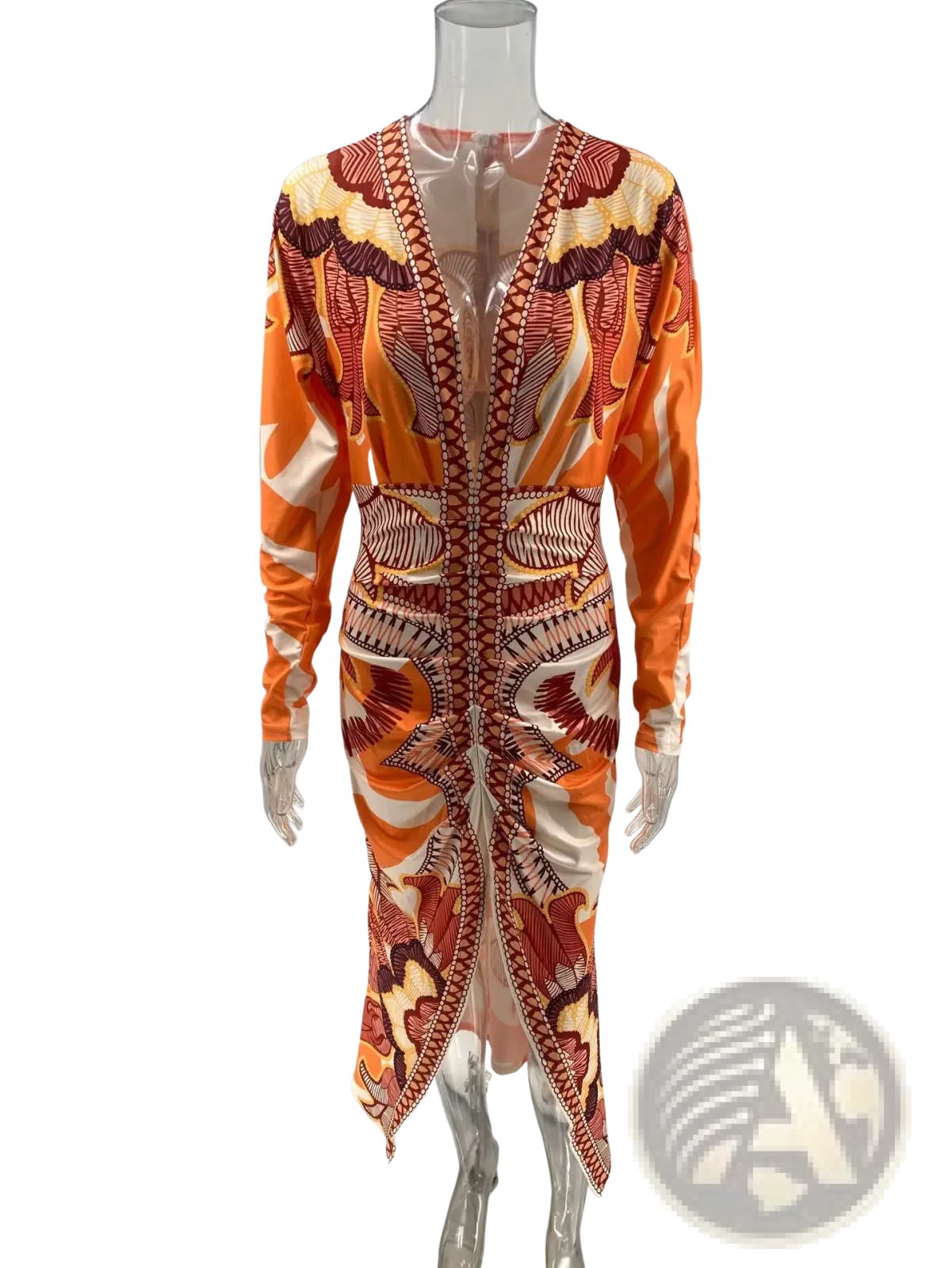 Printed v-neck geometric wrap midi dress in vibrant orange red and cream with long sleeves and asymmetrical hem