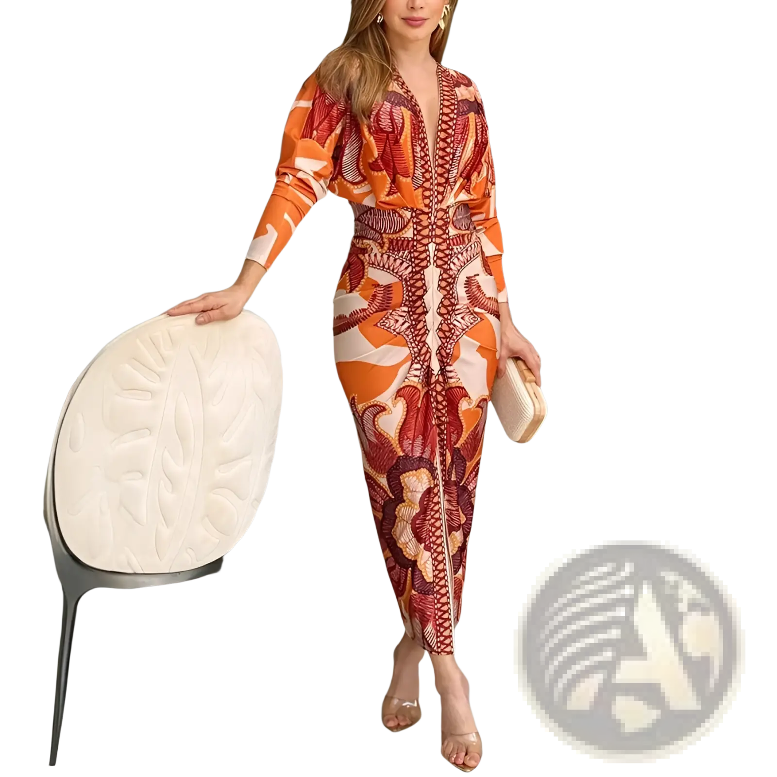 A woman wears a vibrant orange and red printed v-neck geometric wrap midi dress with long sleeves and intricate designs