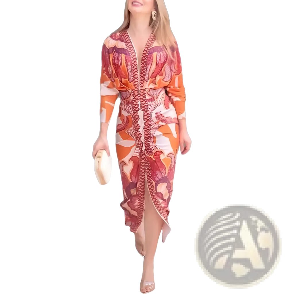 A woman wears a vibrant orange and red printed v-neck geometric wrap midi dress with three-quarter sleeves and a side slit