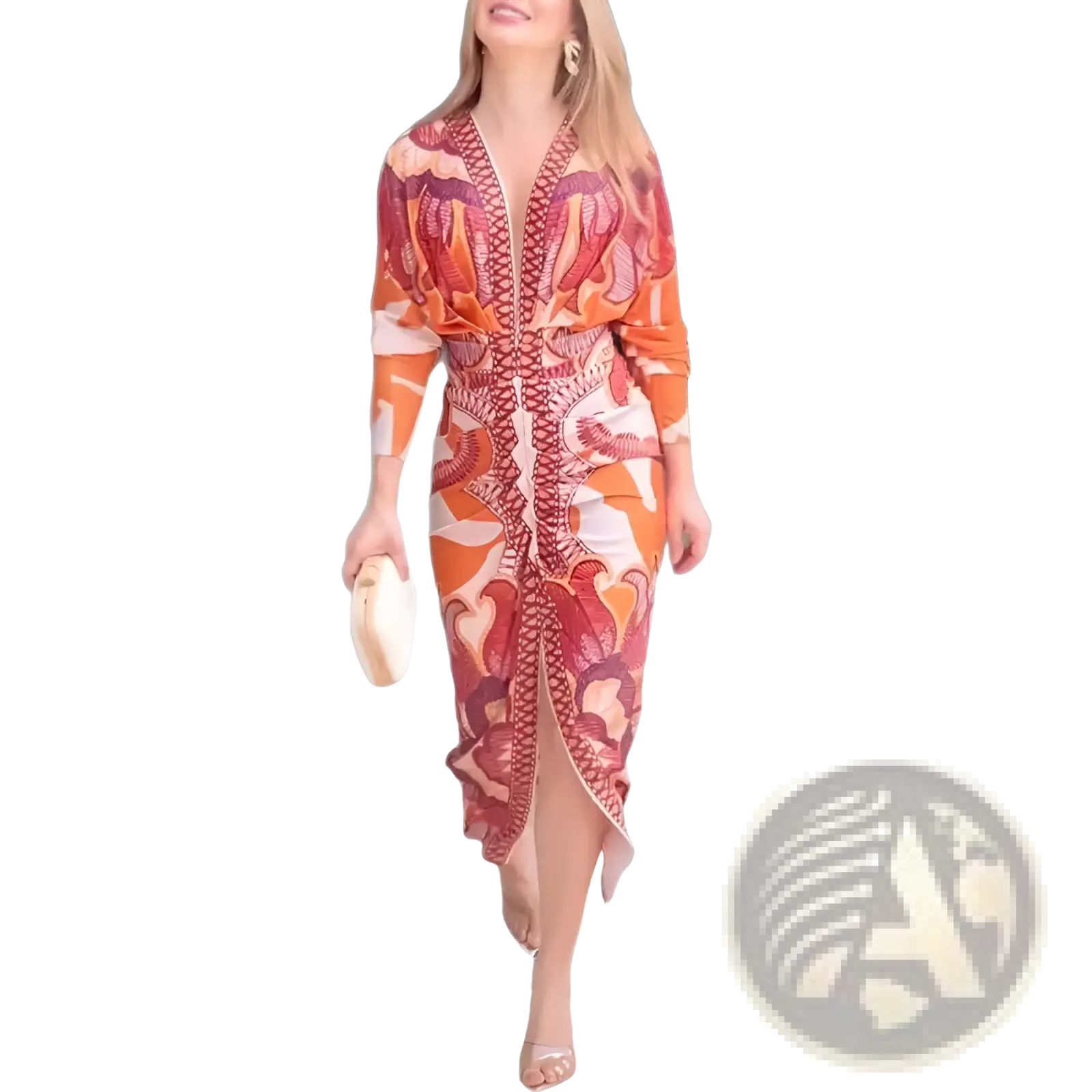 A woman wears a vibrant orange and red printed v-neck geometric wrap midi dress with three-quarter sleeves and a side slit