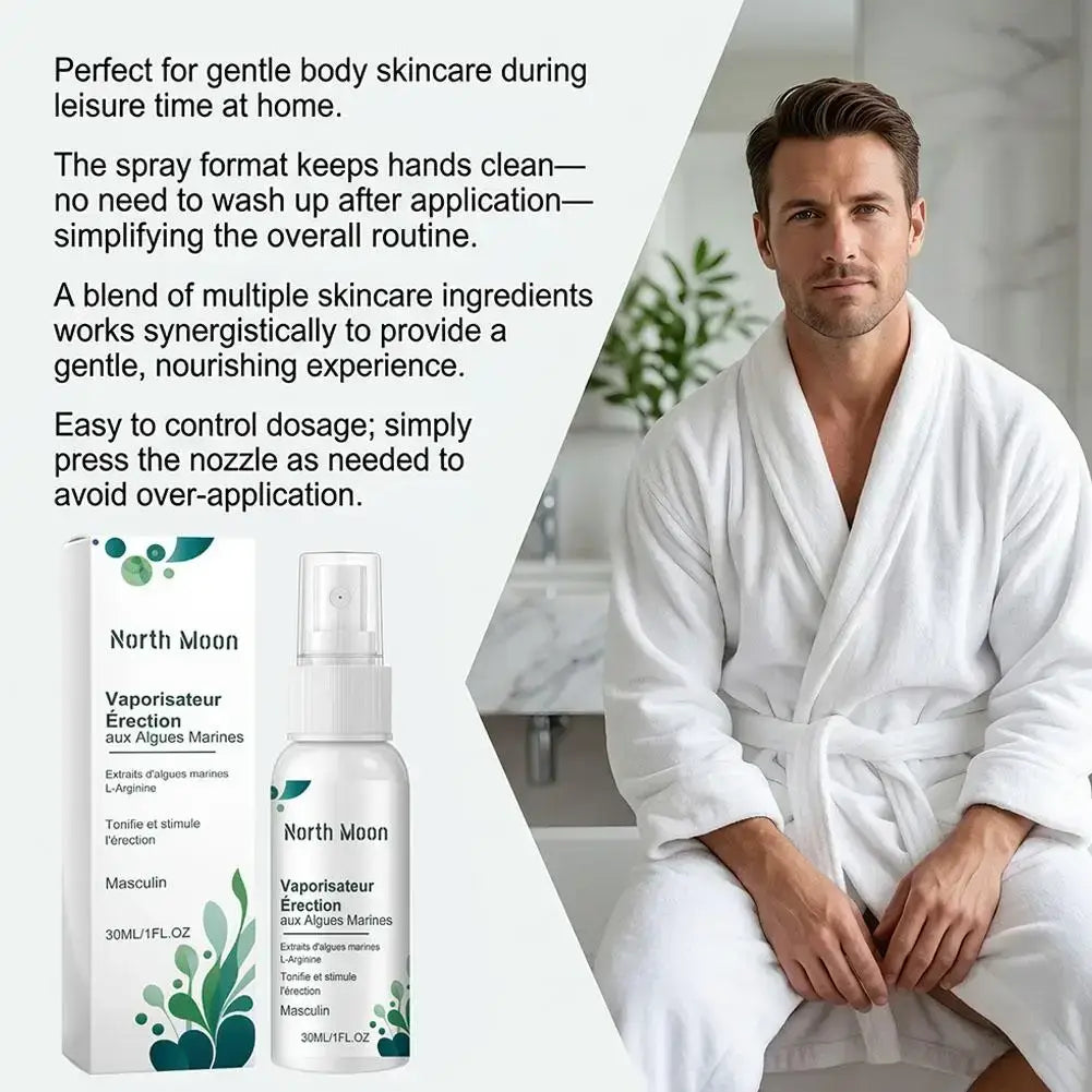 North moon brand private care spray bottle white with green leafy design containing sodium hyaluronate for men
