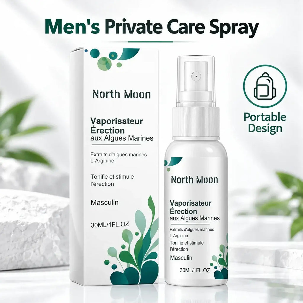 North moon men’s private care spray in white bottle with green marine algae design featuring sodium hyaluronate for erection support