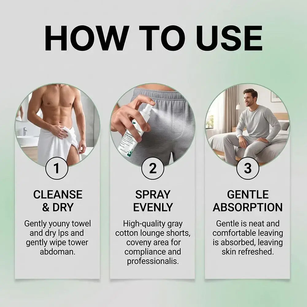 A sleek transparent care spray bottle with white nozzle and label containing sodium hyaluronate for men