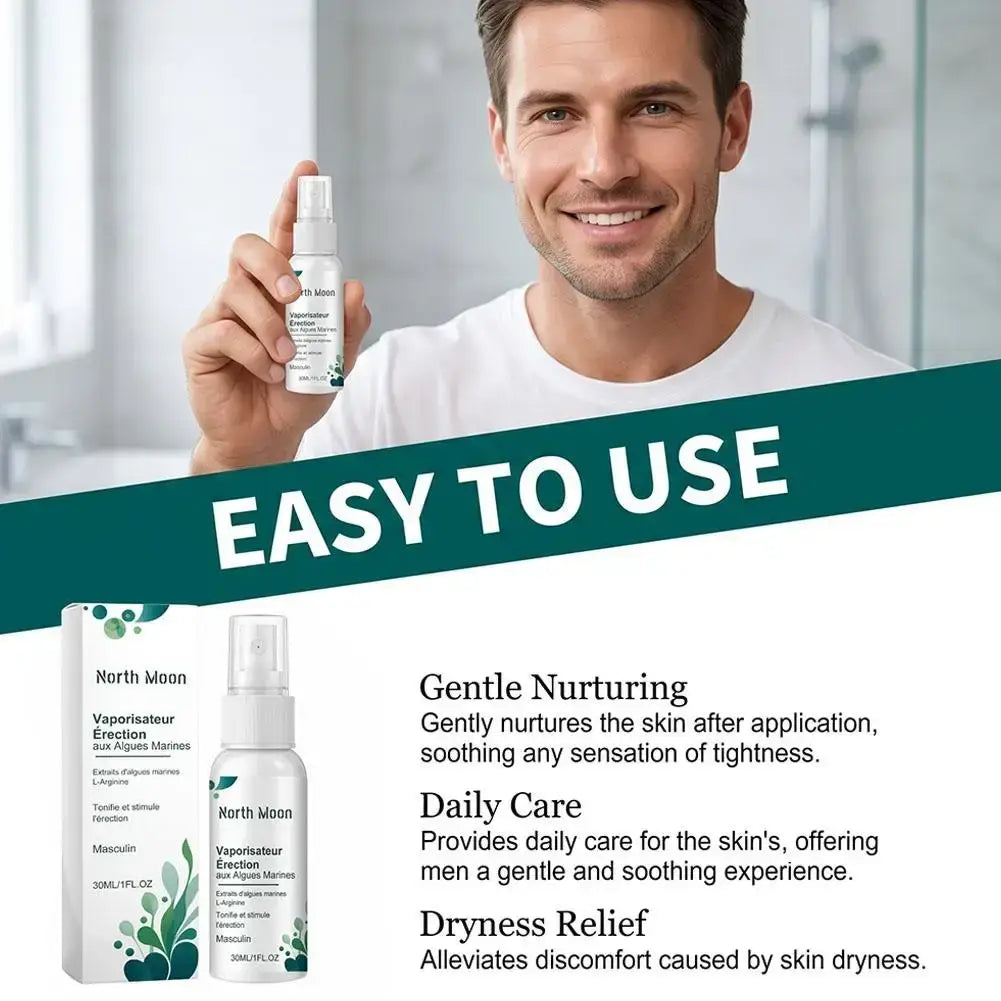 White private care spray bottle with sodium hyaluronate and green leaf design by north moon for men