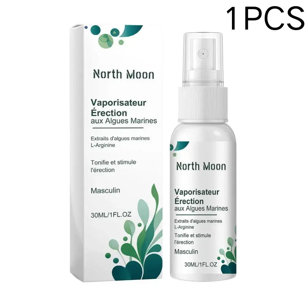 White north moon private care spray bottle with sodium hyaluronate green leaf design and matching box for men