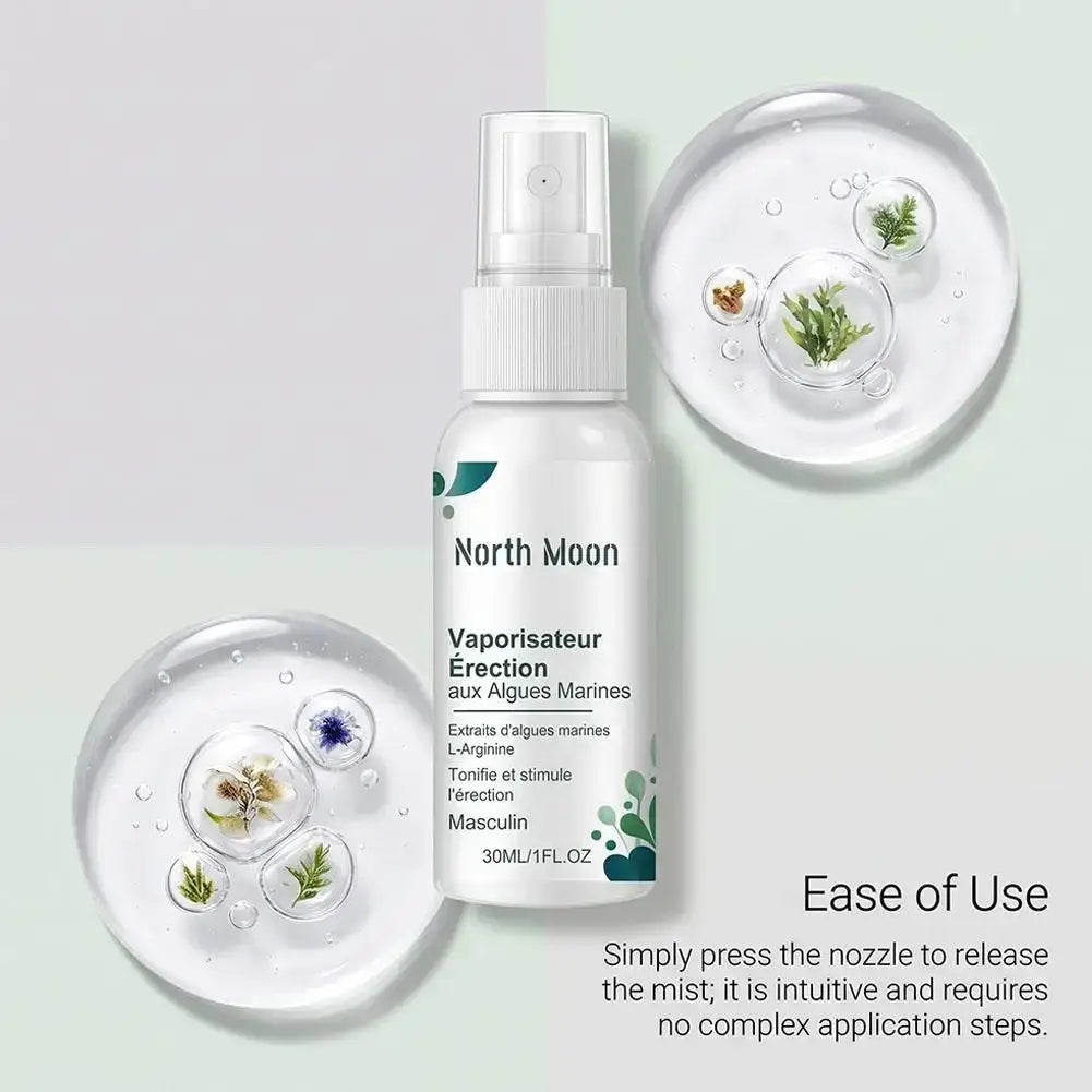 White plastic care spray bottle with sodium hyaluronate and green botanical label branded north moon for men
