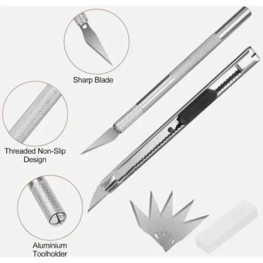Silver metallic utility knife with threaded non-slip grip and aluminum toolholder for professional window tint and car wrap installation kit