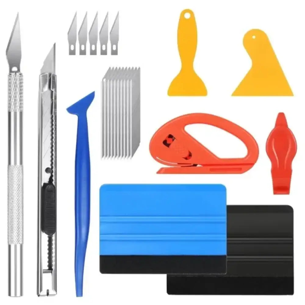 Professional window tint and car wrap installation kit with bright yellow orange blue and black plastic scrapers and blades