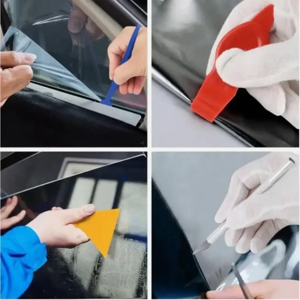 Red, orange, and blue plastic tools in a professional window tint and car wrap installation kit for applying car window film