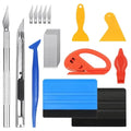 Professional window tint and car wrap installation kit with silver metal blades blue and yellow plastic scrapers and cutters