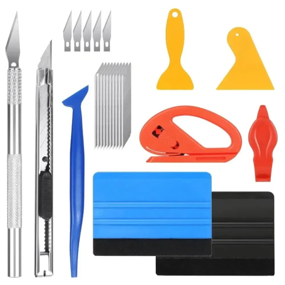 Professional window tint and car wrap installation kit with silver metal blades blue and yellow plastic scrapers and cutters