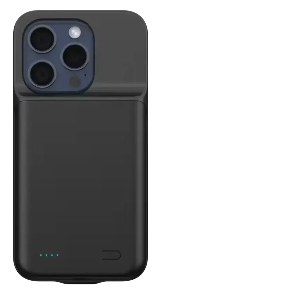 Black matte pro max charging cover for iphone 16 and 17 series with integrated battery pack and camera cutout back view
