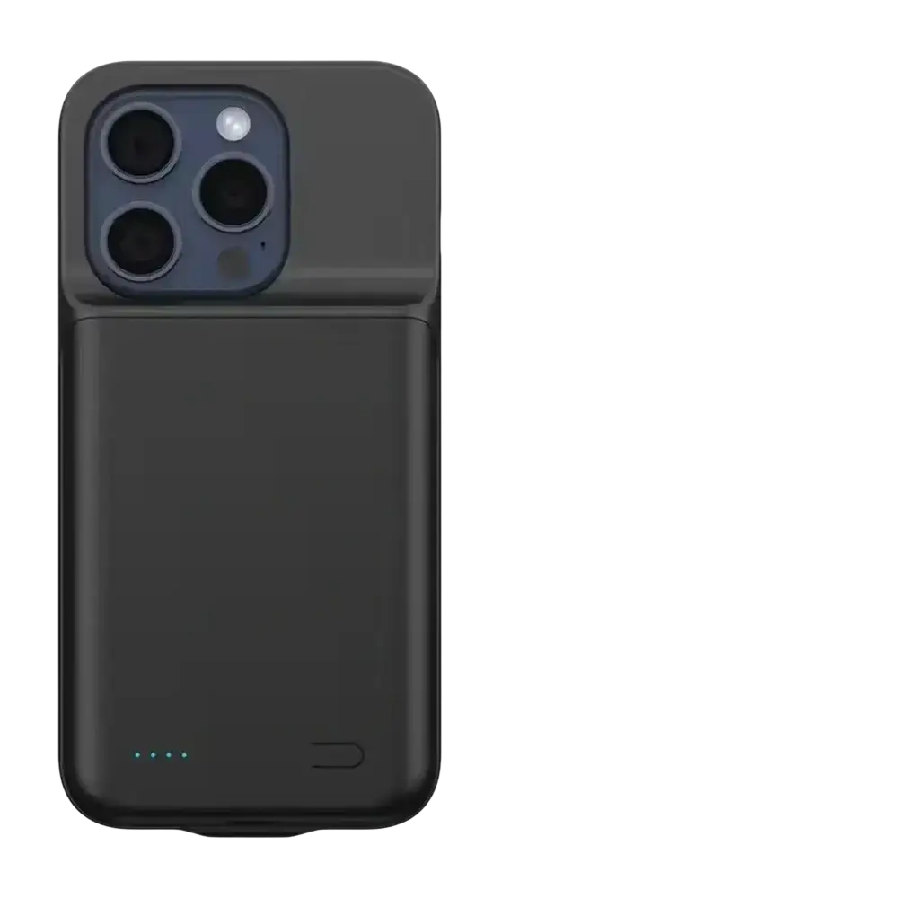 Black matte pro max battery charging cover for iphone 16 and 17 series with sleek design and green led indicators