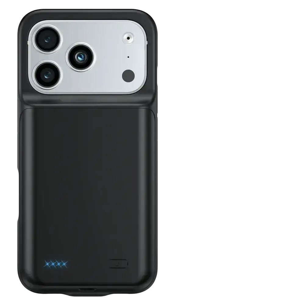 Black pro max battery charging cover for iphone 16 and 17 series with silver camera module and blue led indicator on back